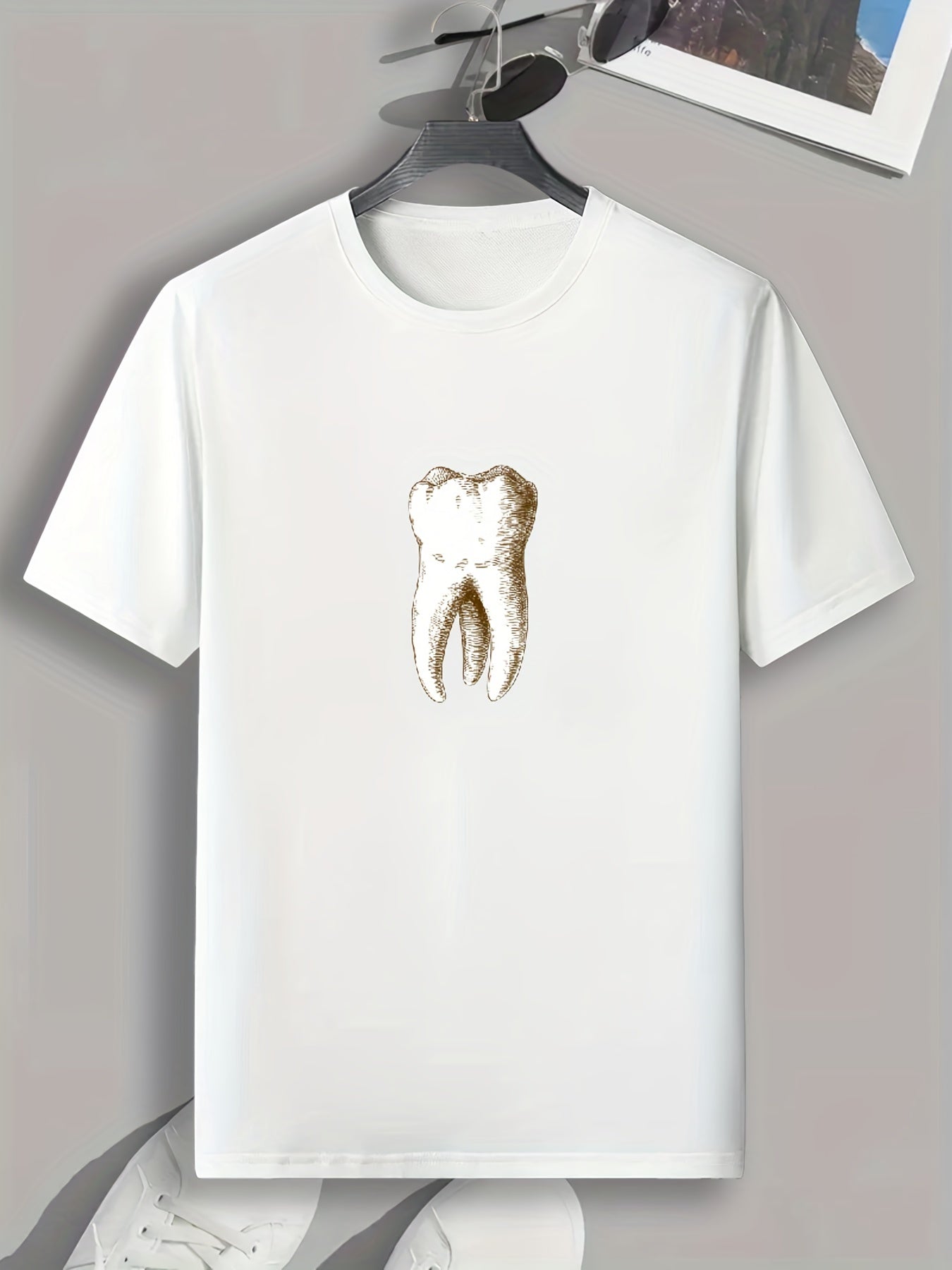 Tooth Print Men's Comfy T-shirt Active Stretch Tee For Summer