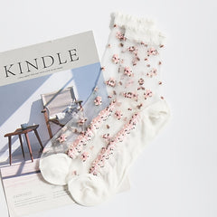 6 Pairs Floral Print Crystal Glass Socks Breathable Cotton Women's Stockings