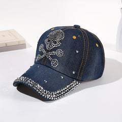 Sparkle Skull Hat for Women - Rhinestone Denim Ball Cap
