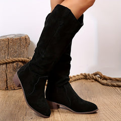 Women's V Mouth Slip On Boots Pointed Toe Faux Leather Knight Boots