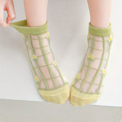 5 Pairs Girls Floral Ice Silk Short Crew Socks For Kids