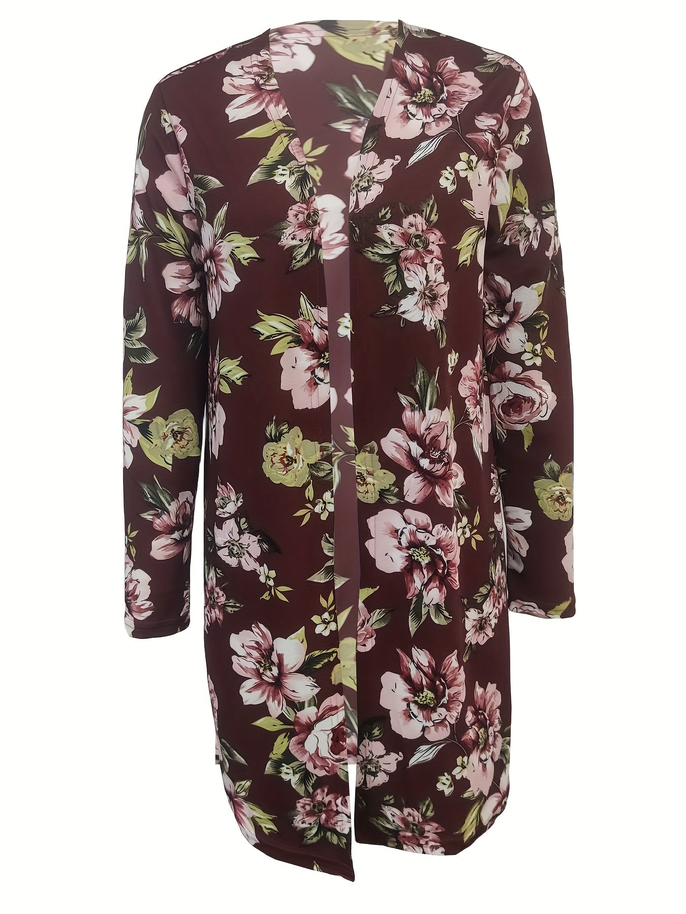 Floral Print Open Front Cardigan Long Sleeve Outerwear