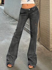 Dark Grey Ripped Holes Flared Jeans Bell Bottom Wide Legs Women's Denim Pants