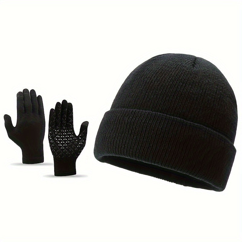 Winter Warm Hat & Gloves Set Knitted Beanie Anti Slip Gloves