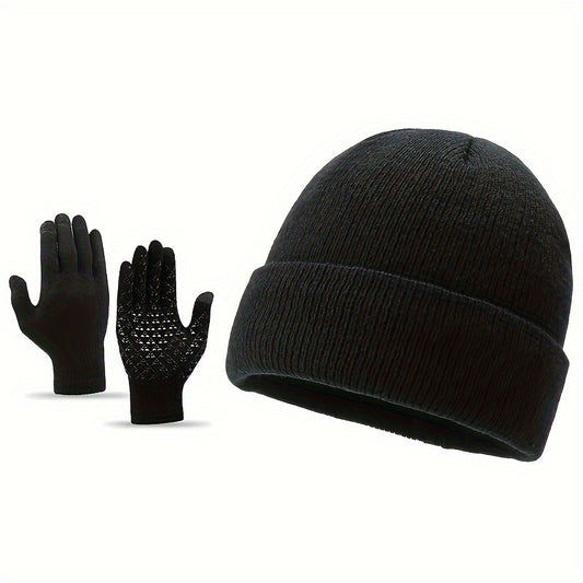 Winter Warm Hat & Gloves Set Knitted Beanie Anti Slip Gloves