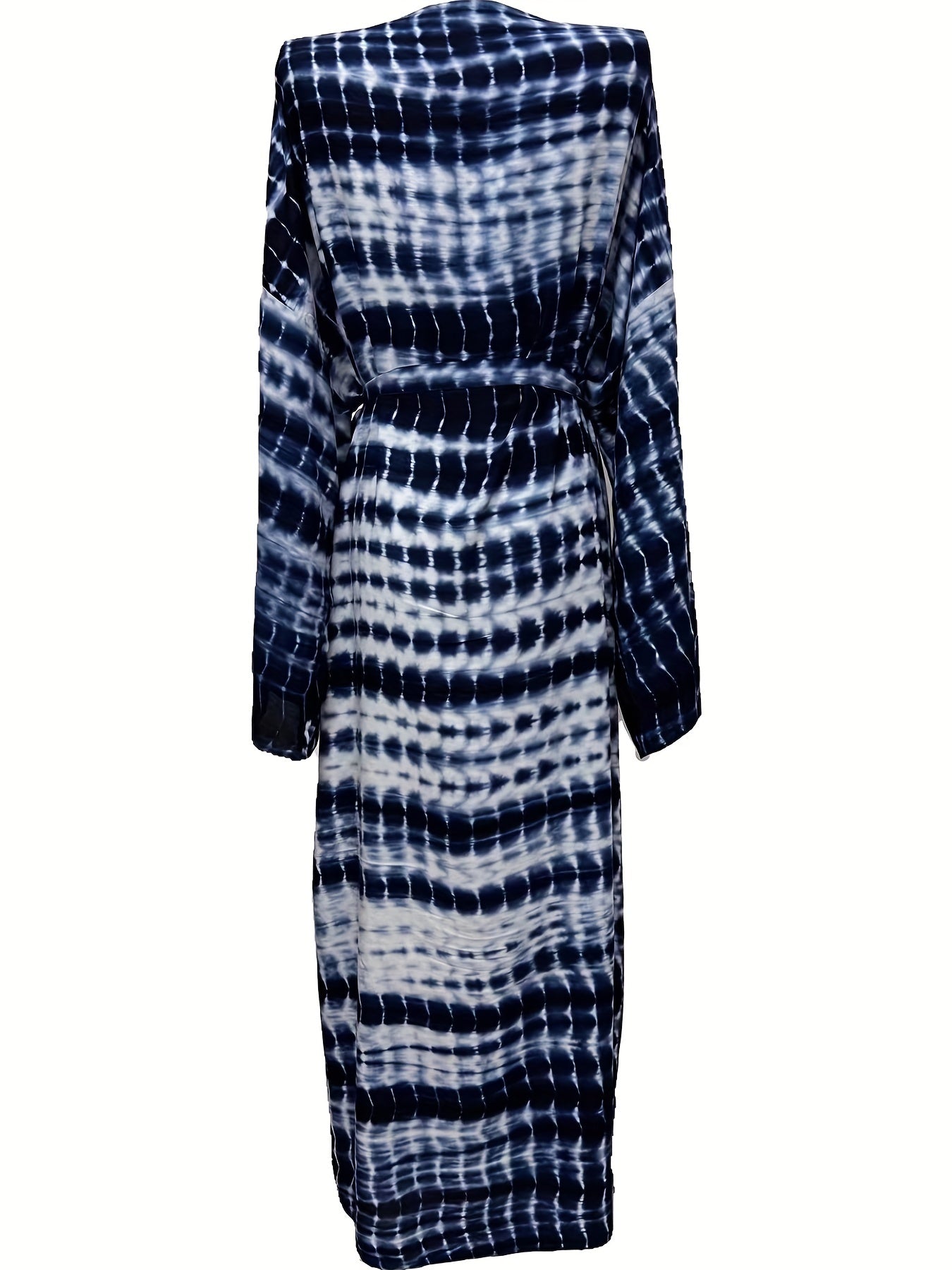 Tie Belt Long Sleeve Kaftan Cover Up Loose Fit V Neck Robe Dress