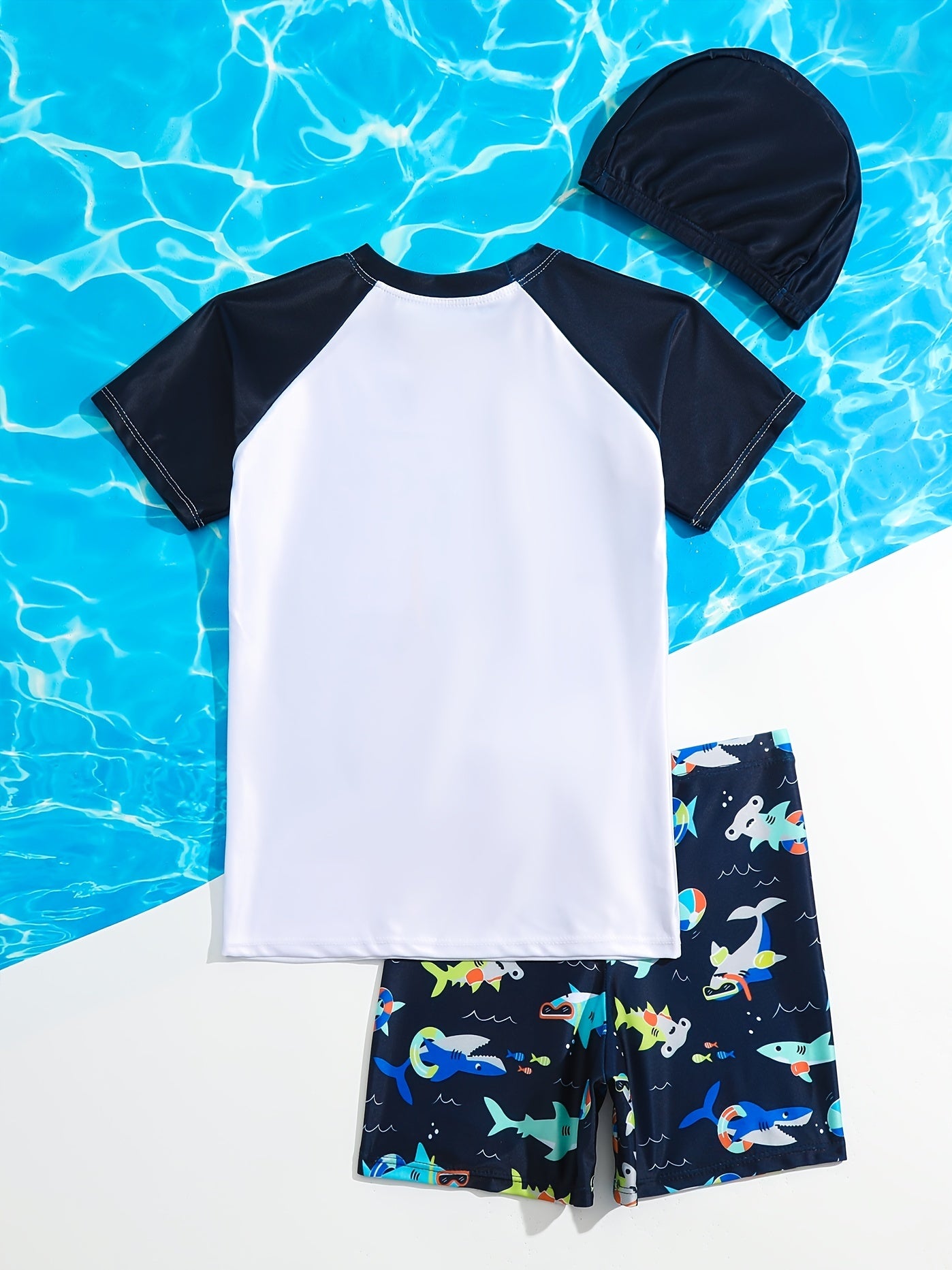 Boys Cartoon Shark & Dinosaur Swim Suit Set with Trunks, Tops & Cap