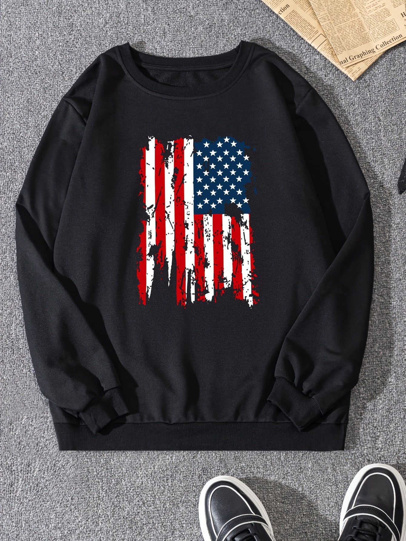 US Flag Print Sweatshirt Men's Casual Pullover Sweatshirt For Spring Fall