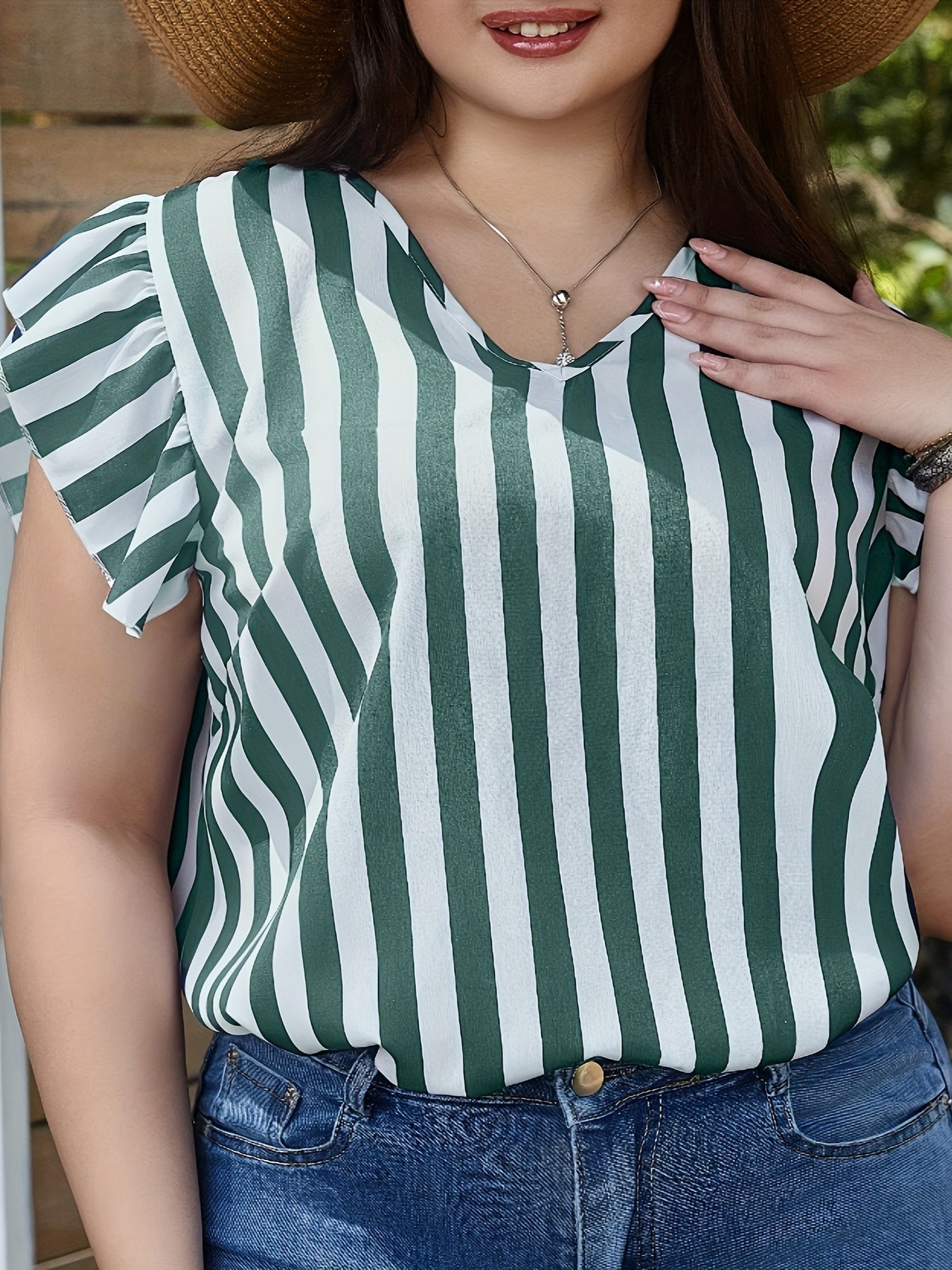 Stripe Print Cap Sleeve V Neck Blouse