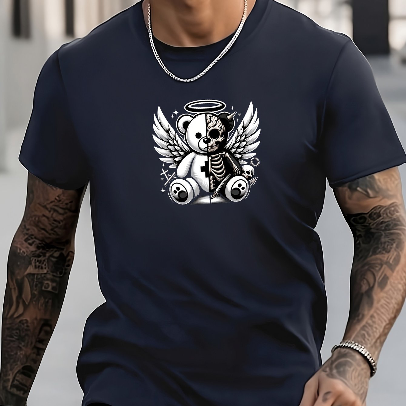 Men's Bear Pattern Shirt Crew Neck Short Sleeve Tee Top
