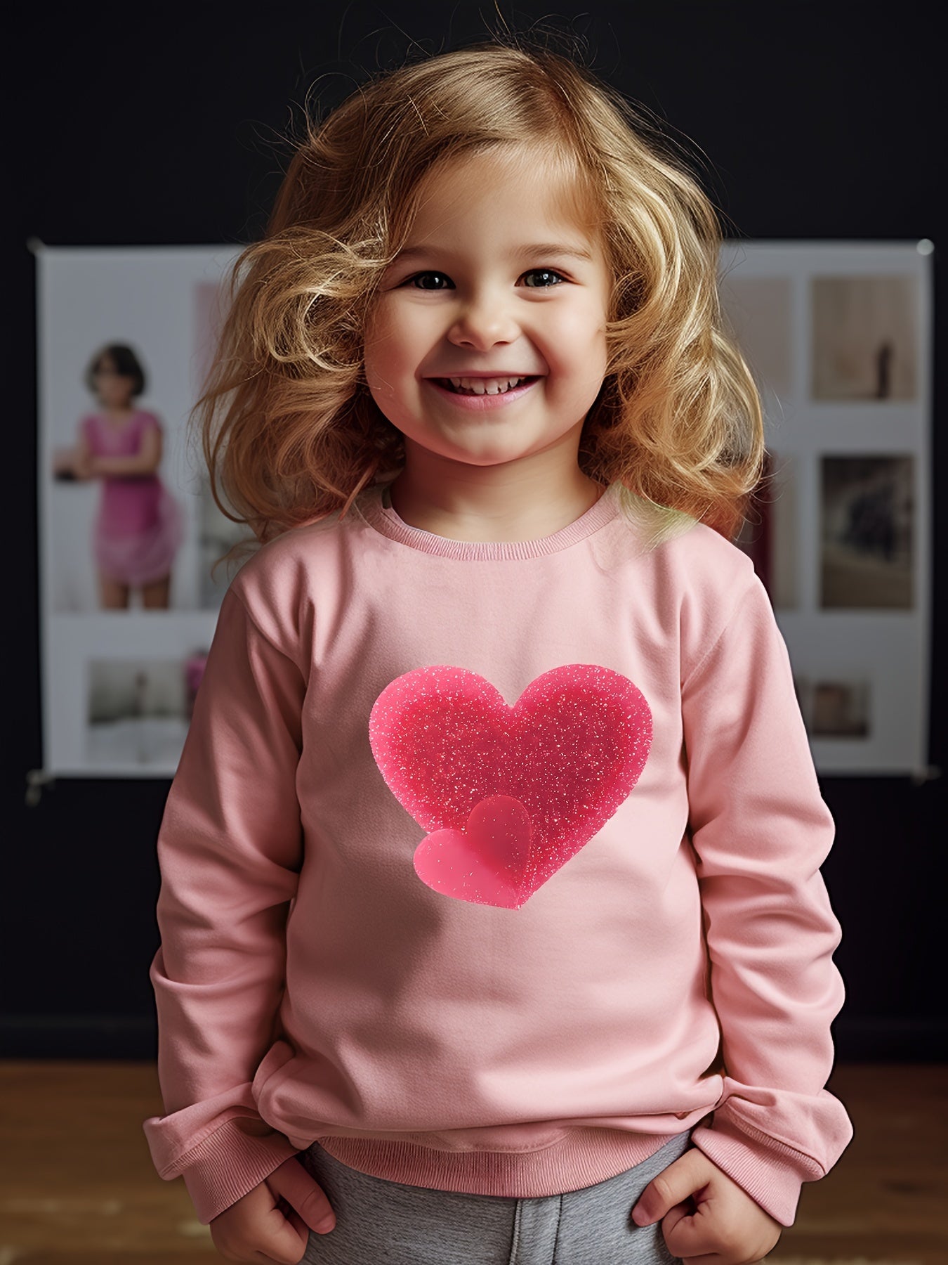 Girls Heart Pattern Crew Neck Sweatshirt For Spring Fall Christmas Gift