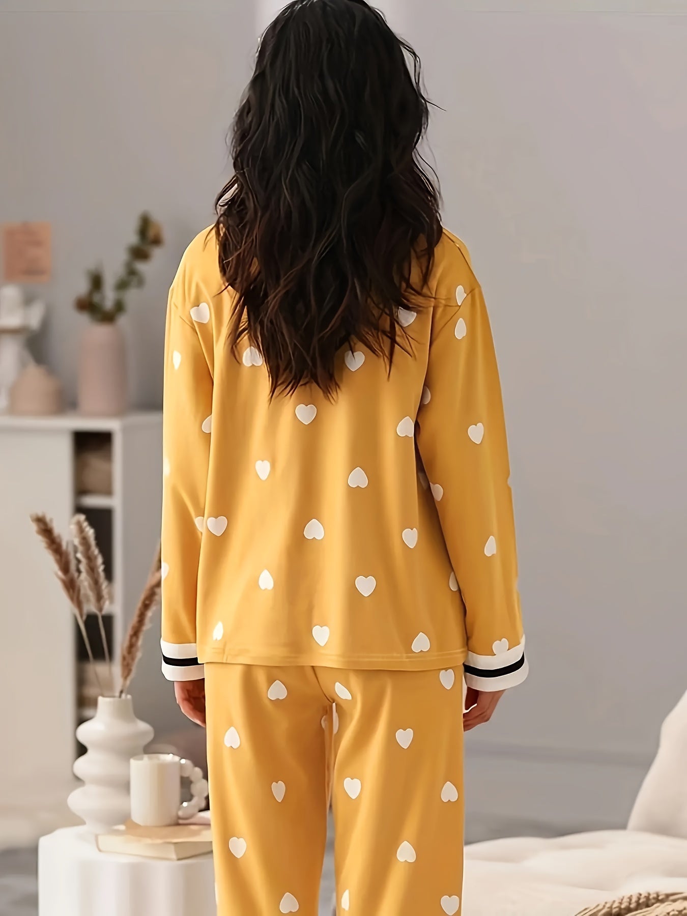 Bear & Heart Print Pajama Set Long Sleeve Top & Pant