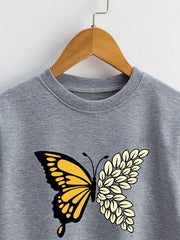 Girls Butterfly & Leaves Crew Neck Sweatshirts For Sports Casual Outfit