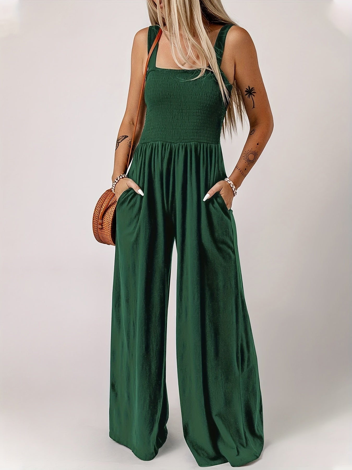 Casual Jumpsuit Women's PlusSolid Shirred Pocketed Wide Leg Tank Jump
