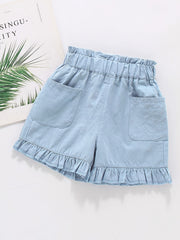 Girls Cotton Ruffle Bottom Shorts With Pockets