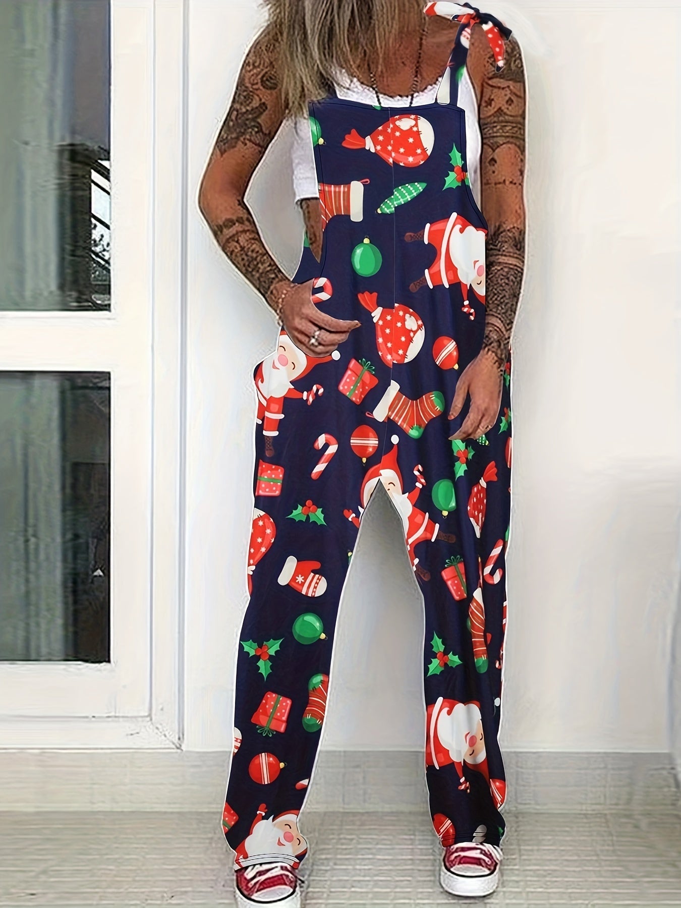 Floral Print Tie Shoulder Stretch Jumpsuit