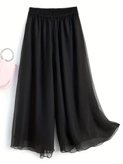 Ruched Wide Leg Pants Elastic Waist Summer Casual Solid