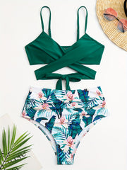 Criss Cross V Neck Tie Back 2 Piece Swimsuit High Cut Spaghetti Straps Bikini