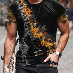 Men's Guitar Pattern Sports T shirt Casual Round Neck Tee Shirt