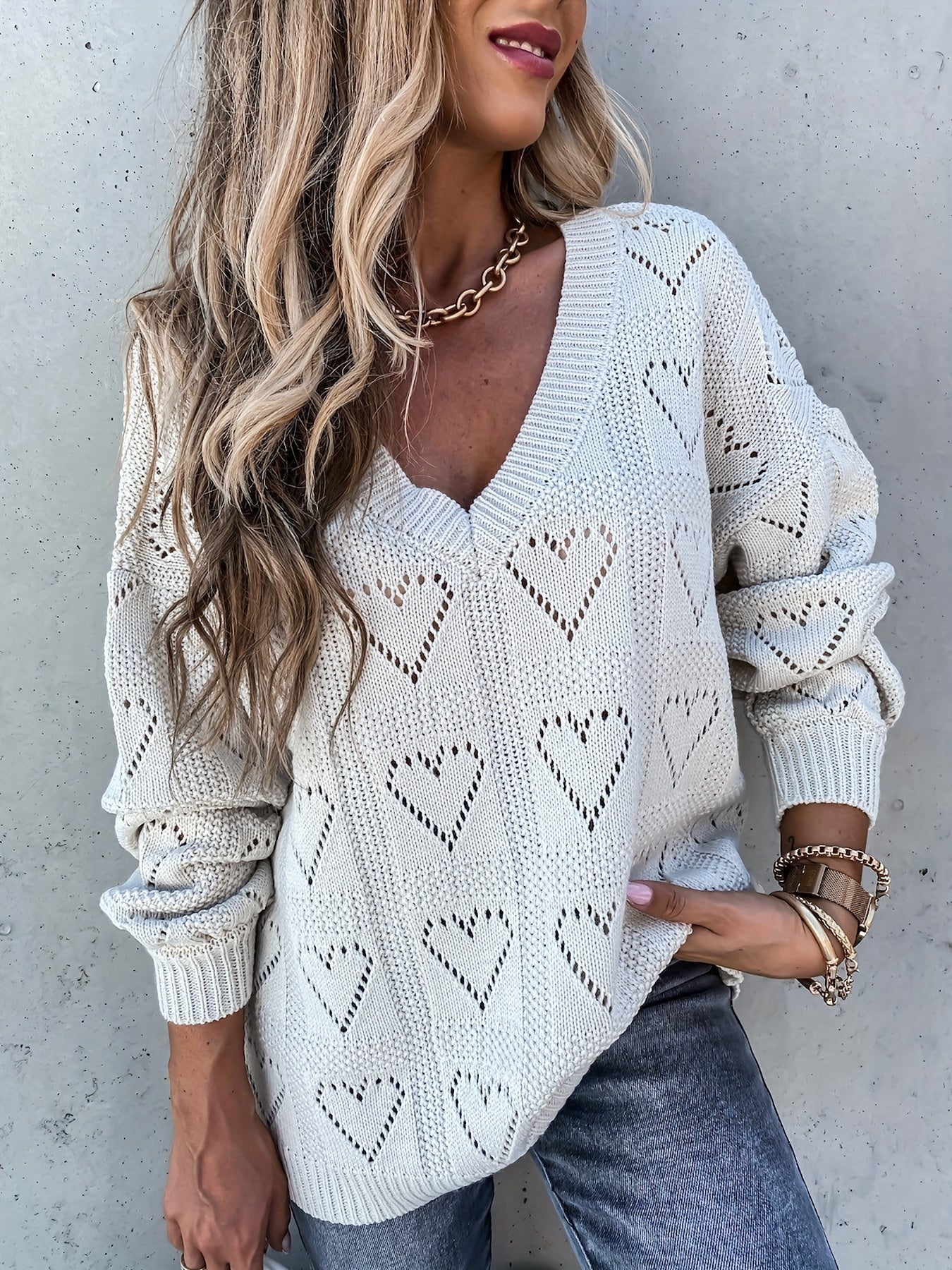 Heart Pattern Cut Out V Neck Sweater Casual Long Sleeve Sweater
