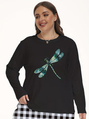 Dragonfly Print Plus Size Long Sleeve Pajama Top