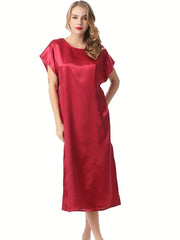 Red Satin Short Sleeve NightDress Crew Neck Pajama Dress Women's Sleepwear