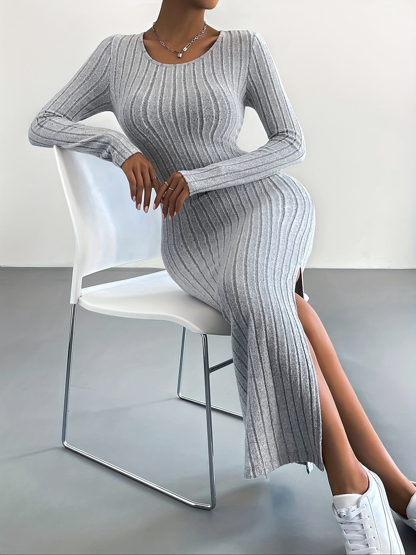 Solid Ribbed Lounge Dress Soft & Comfy Long Sleeve Side Split Home Dress