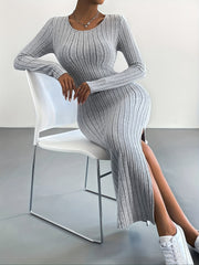 Solid Ribbed Lounge Dress Soft & Comfy Long Sleeve Side Split Home Dress