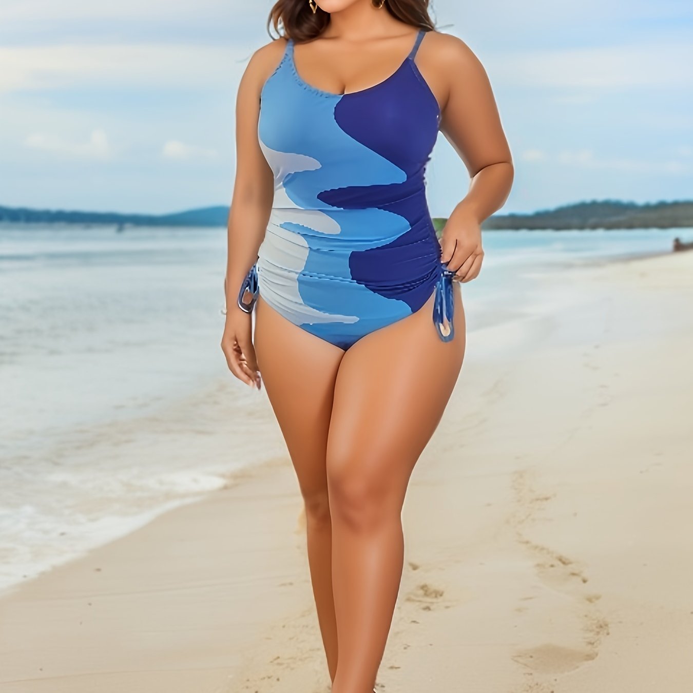 Colorblock Round Neck Lace-Up One Piece Swimsuit Plus Size