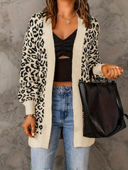 Leopard Pattern Contrast Trim Open Front Sweater Cardigan