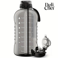 3.8L Water Bottle with Time Marker & Lid - Leakproof, Straw, Gym, Fitness, Outdo
