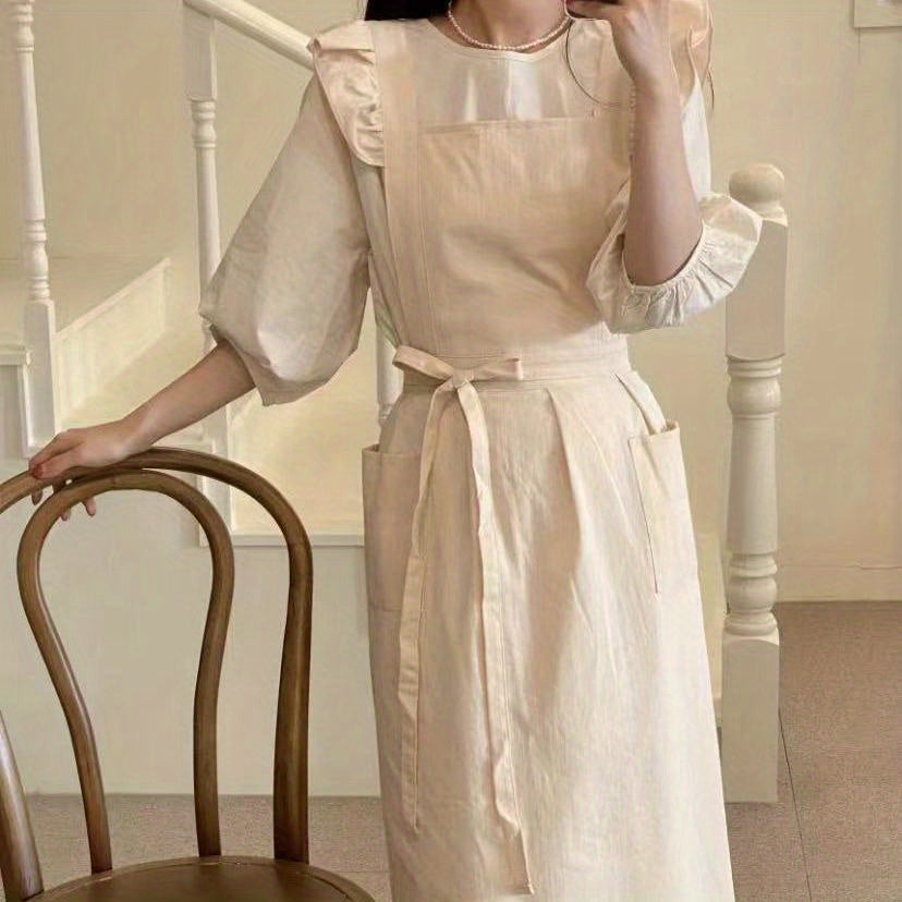 Ruffled Linen Apron X Back Pockets for Chefs Gardeners Cooks Bakers Florists