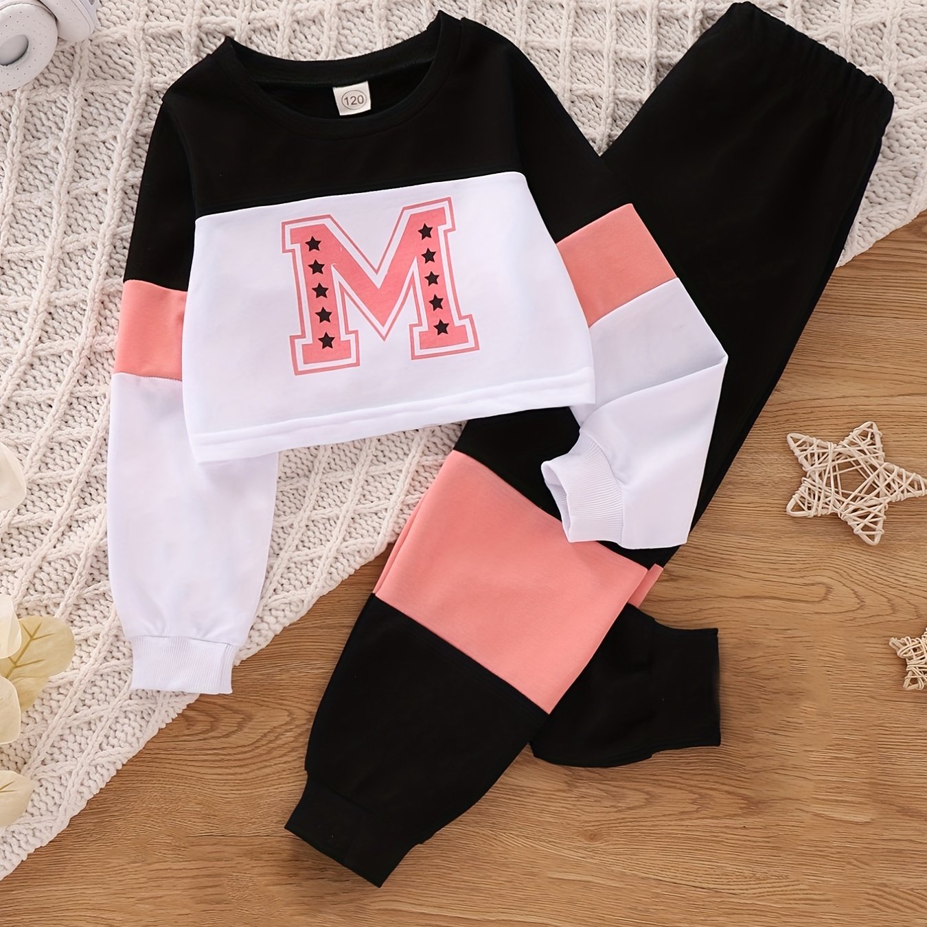 Girl's 2pcs Letter M Sweatshirt & Sweatpants Set for Spring Fall