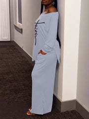 Letter Print Long Sleeve Top & Wide Leg Pants Set