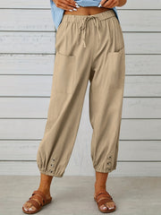 Cropped Pants Drawstring High Waist with Pockets