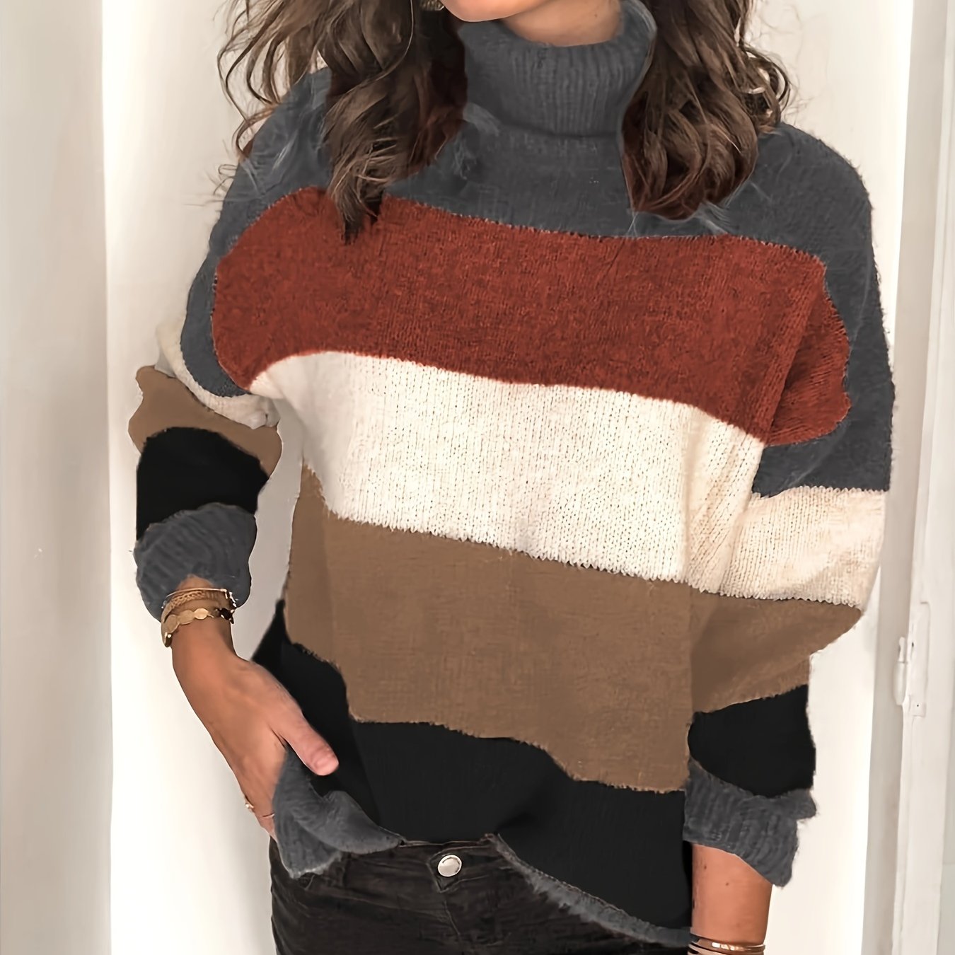 Casual Sweater Women's Plus Colorblock Long Sleeve Turtle Neck Jumper