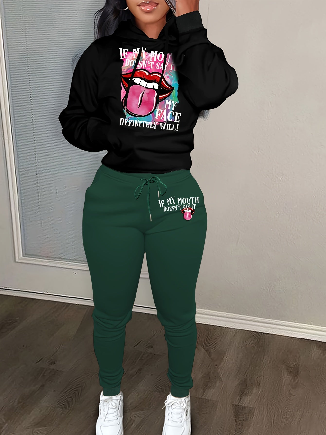 Lip & Slogan Print Hoodie & Joggers 2 Piece Set