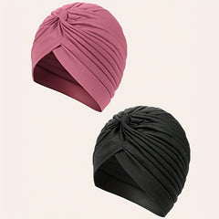 2pcs Rose Red Turban Cap BowKnot Pleated Head Wraps Elastic Head Scarf Solid
