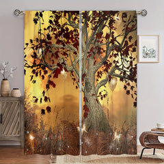 Golden Tree Scenery Rod Pocket Window Curtain for Home Decor