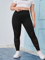 Solid Contrast Mesh High Rise Leggings Plus Size