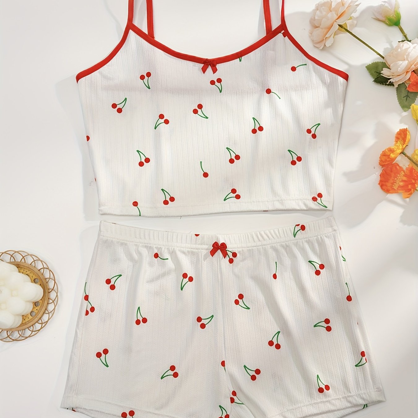 Cherry Print Pajama Set Cami Top & Shorts