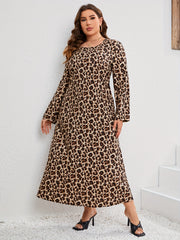 Women's Plus Leopard Print Long Sleeve Round Neck Maxi Dress