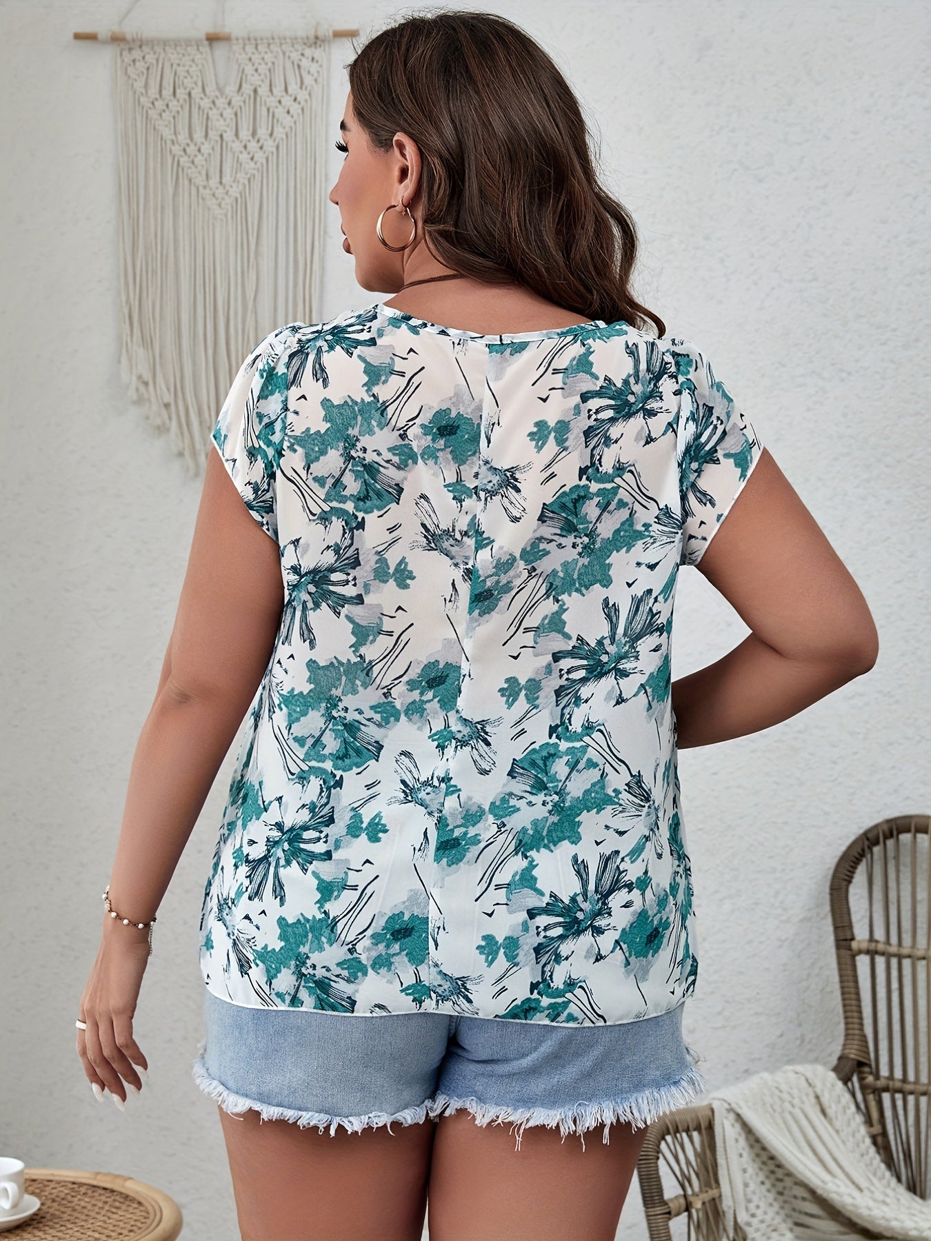 Casual Blouse Women's Plus Floral Print Short Sleeve Round Neck