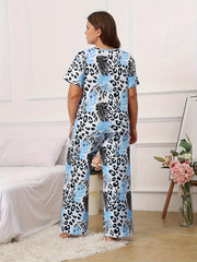 Boho Pajama Set Women's Plus Leopard & Tropical Print Tee & Pants