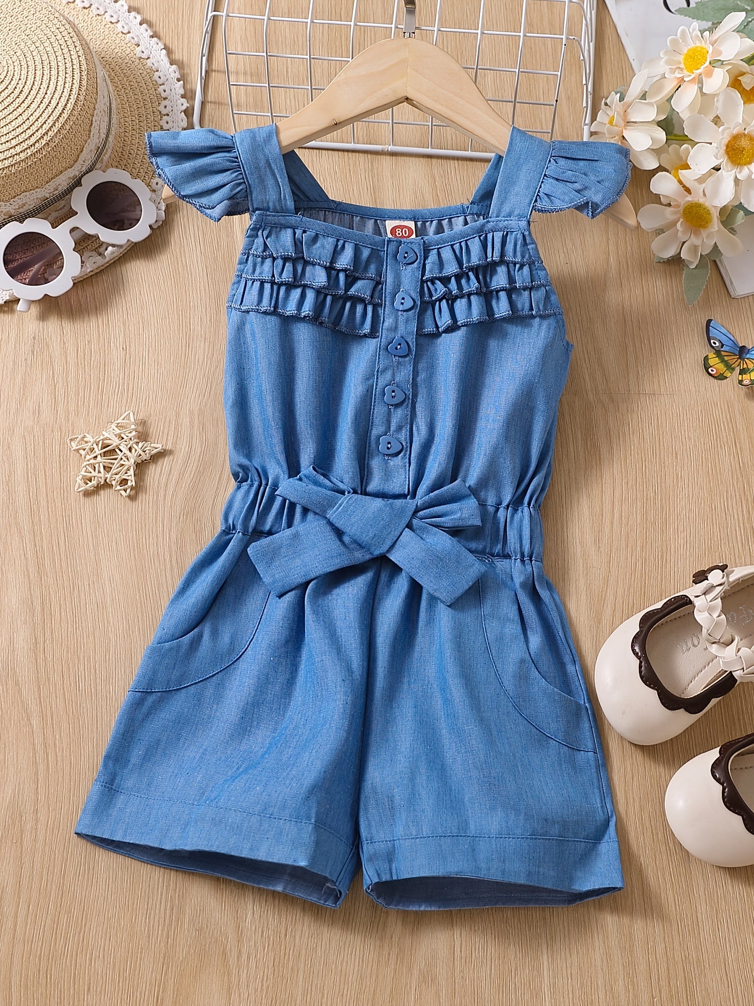 Girls Ruffled Denim Shorts Romper with Bow - Summer Casual
