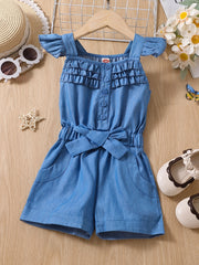 Girls Ruffled Denim Shorts Romper with Bow - Summer Casual