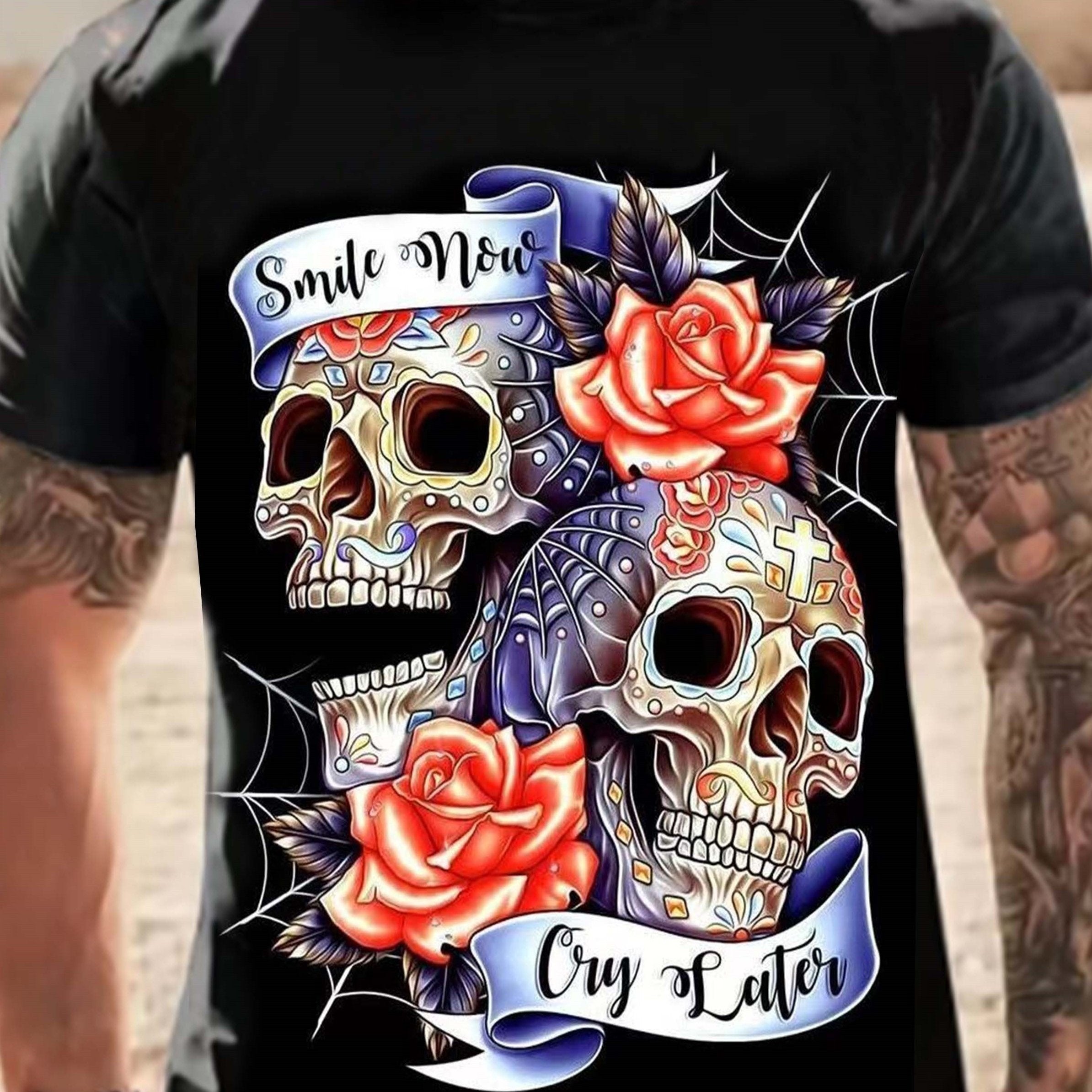 Men's 3D Floral Skull Print T-shirt for Summer Outdoor