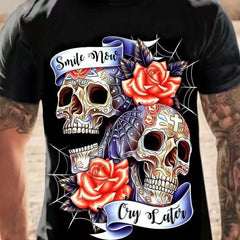 Men's 3D Floral Skull Print T-shirt for Summer Outdoor