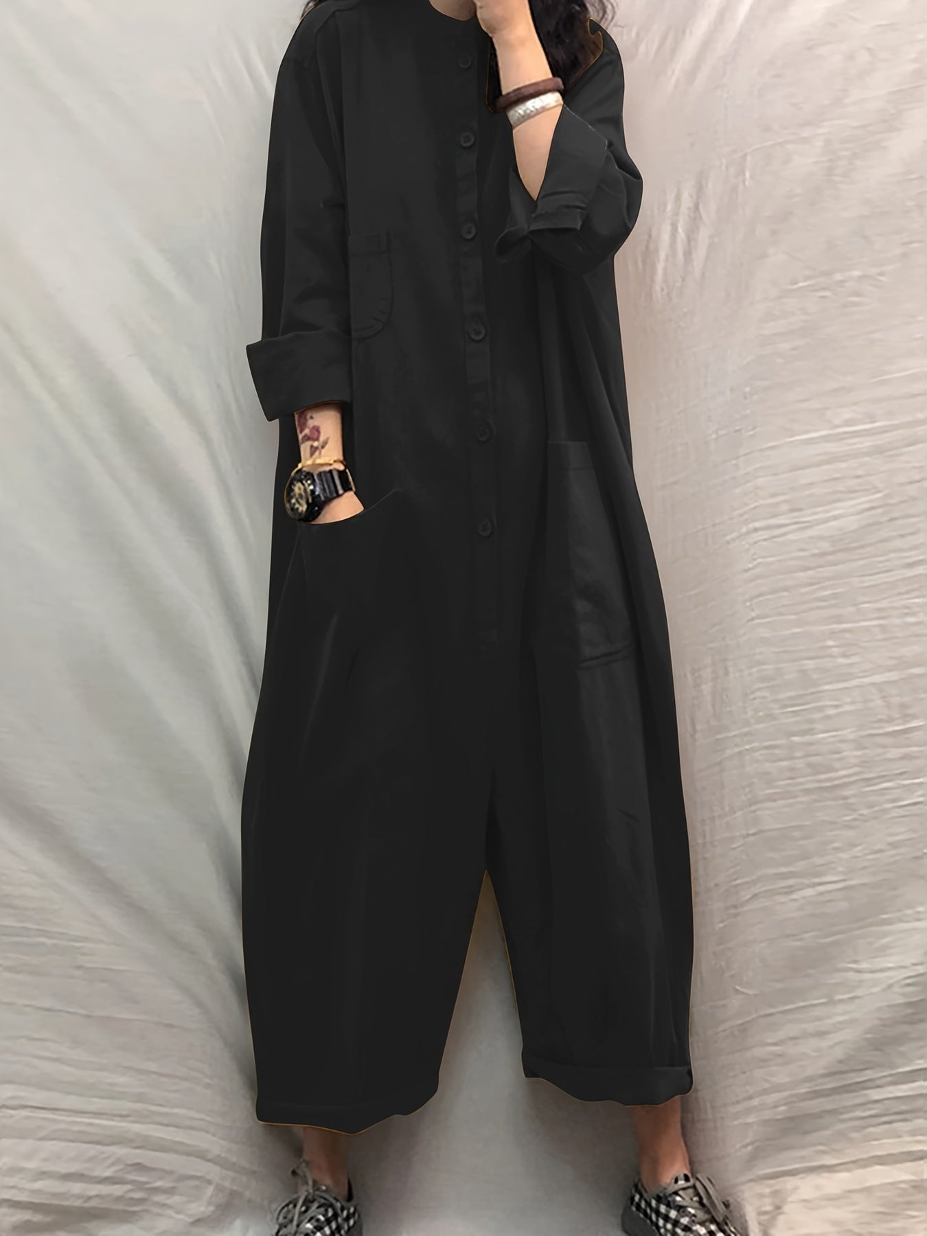 Solid Pockets Jumpsuit Casual Stand Collar Button Front Long Sleeve