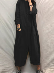 Solid Pockets Jumpsuit Casual Stand Collar Button Front Long Sleeve